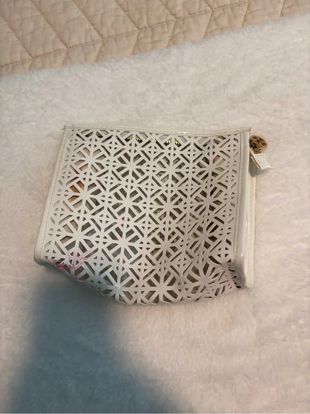 Tory Burch White Laser-Cut Clutch with Gold Hardware